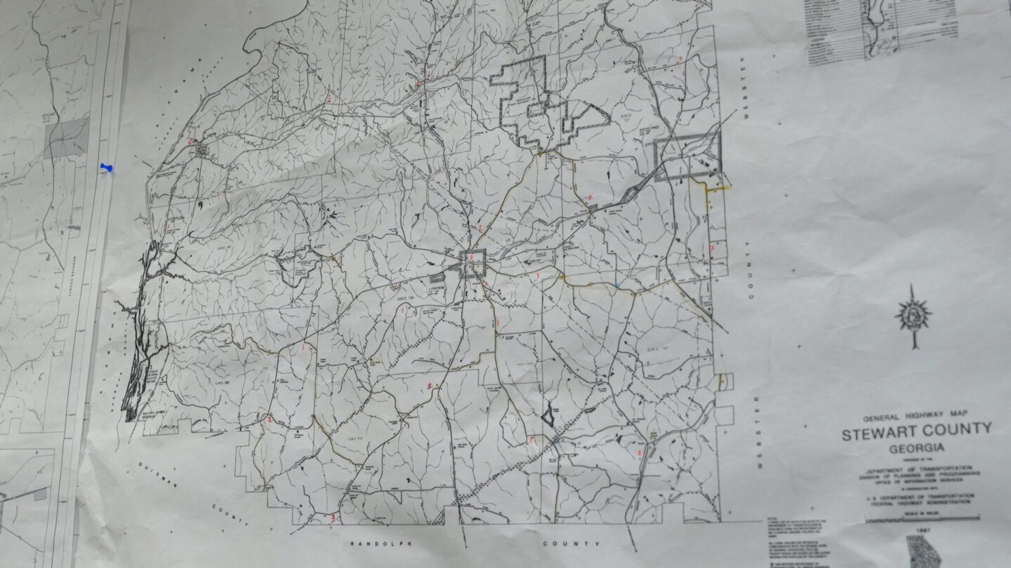 A close-up view of a map of Stewart County, Georgia.