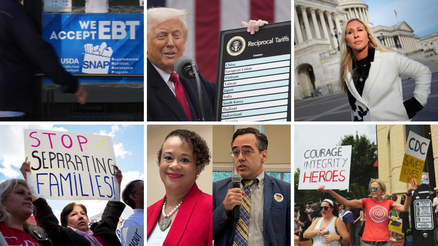 From left to right, top to bottom, a blue EBT sign, President Donald Trump holding up a list of tariffs, Representative Marjorie Taylor Greene, a protester holding up a sign saying Stop Separating Families, the winning candidates of the November Public Service Commission election, and protesters opposing cuts at the CDC.