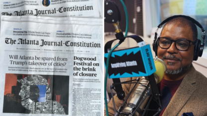 On the left, print copies of the Atlanta Journal Constitution newspaper. On the right, the editor in chief of the paper sits in the WABE studio