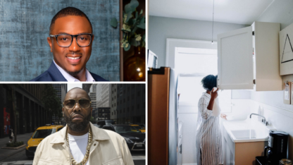 Portraits of real estate developer Booker T Washington and Killer Mike on the elft, and the inside of a home on the right