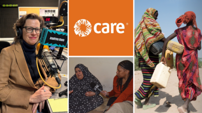 On the left, a picture of Michelle Nunn sitting at the WABE studio. On the top middle, the CARE logo. On the bottom middle, Rose Scott holds out a microphone to a source. On the right, two women carry belongings