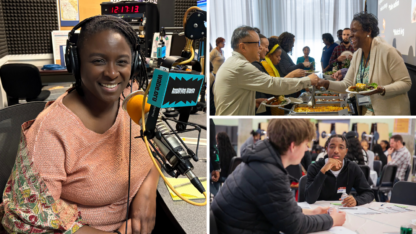 Adria Kitchens sits at the WABE studio on the left picture. The top right and bottom right photos depict people gathered for food and conversation