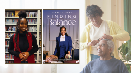 A portrait photo of Chanel Rowe on the left, the cover of her new book in the middle and a photo of a caregiver on the right.