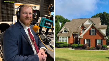 Scott Pratt sits in the WABE studio on the left. A picture of a home on the right.