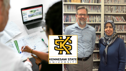 A picture of two people looking over a laptop and a report on the left, and a picture of the podcast guests on the right