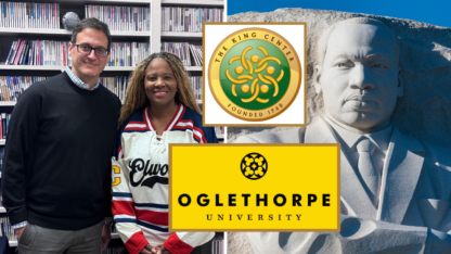 On the left, Gabriel Barreneche and Kendra King Momon stand in front of a bookstore. In the middle, logos representing Oglethorpe University. On the right, a relief of Martin Luther King Jr.
