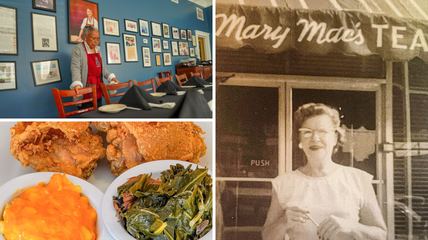 On the top left, a server prepares a table in a restaurant with multiple photo frames. On the bottom left, a plate of fried chicken, cornbread and collard greens. On the right, an old black and white photograph of Mary Macs Tea Room and the founder standing in front of it