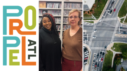 The logo of Propel ATL on the left, two people pose for a photo in the middle, and a traffic stop on the right.