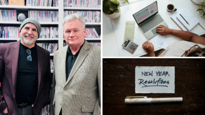 Tom Smith and Roger Tutterow pose for picture on the left. On the right, a person works on a laptop.