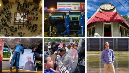 A collage of six photos showing people inside the Georgia State Capitol, soldiers walking alongside a hearse carrying the body of former President Jimmy Carter, the outside of Eats restaurant in Atlanta, a man standing in front of water, police and protesters facing each other, and a man signing a card with a photo of the late police officer David Rose on it