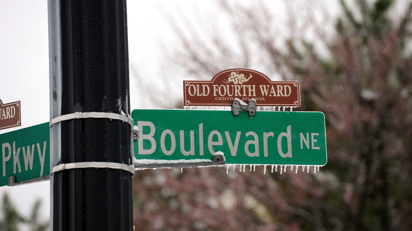 Icicles hang from a street sign in Atlanta Georgia