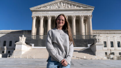 Becky Pepper-Jackson poses for a photograph outside of the U.S. Supreme Court.