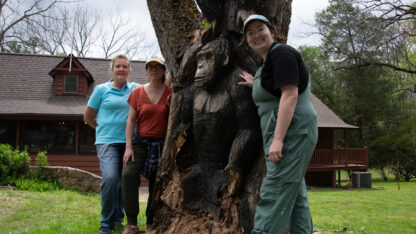 Three people pose around a carving of a chimpanzee in a tree