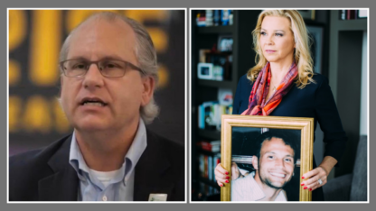 On the left, Jeff Breedlove, and on the right, Cammie Wolf Rice holds a framed photo of a man.