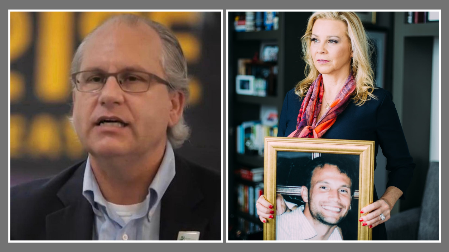 On the left, Jeff Breedlove, and on the right, Cammie Wolf Rice holds a framed photo of a man.