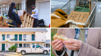On the top left, two people move a drawer into a building. On the bottom left, a white motel with turquoise doors. On the top right, a cardboard sign with the word HELP rests in a shopping cart. On the bottom right, a person holds a sandwich.