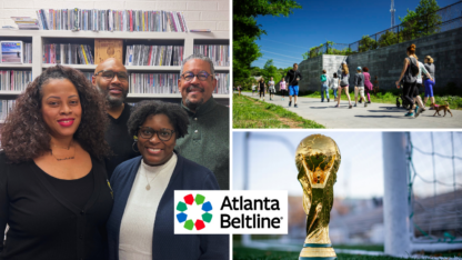 On the left, four people smile while standing in front of a book case. On the top right, people walk along the Atlanta Beltline. On the bottom right, the gold FIFA World Cup.