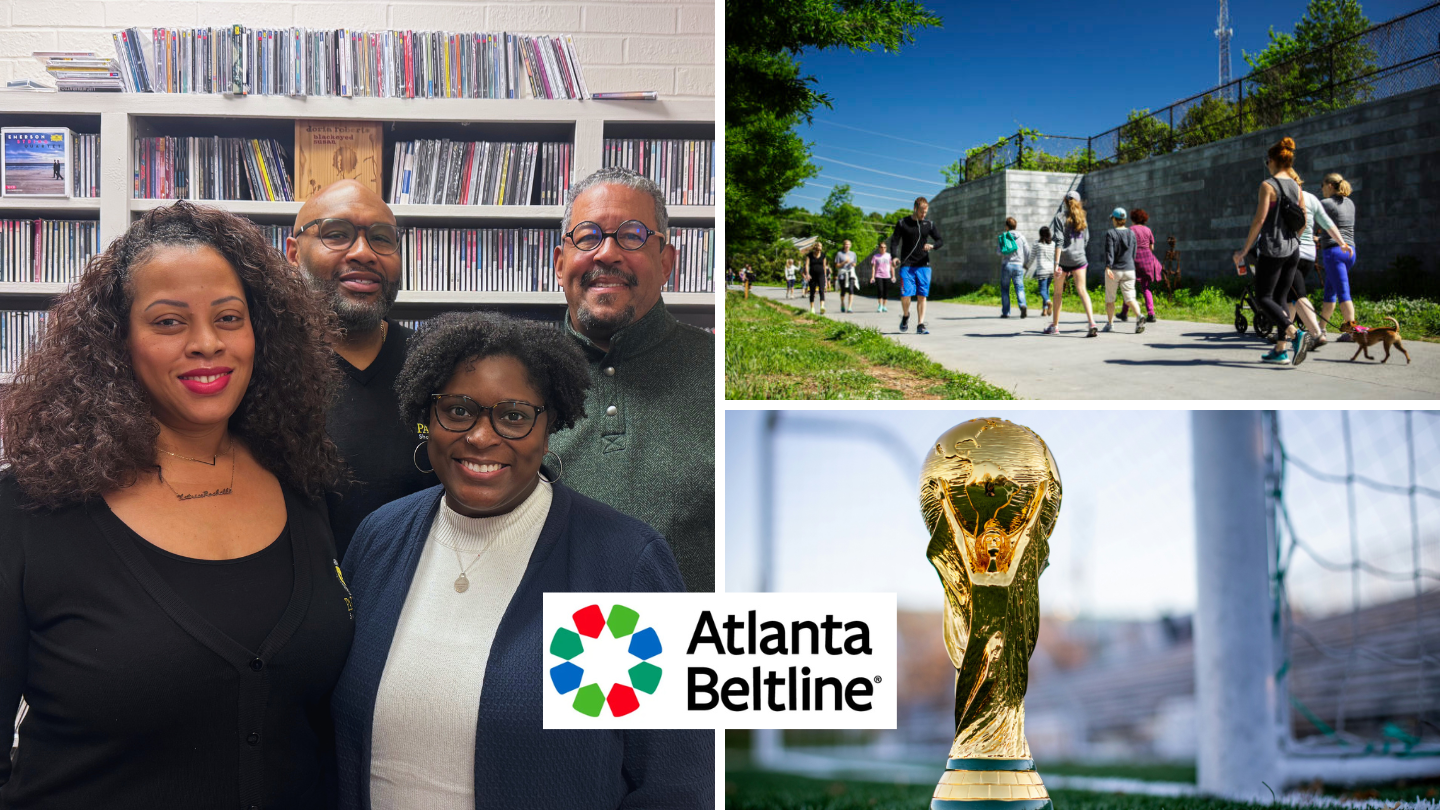 On the left, four people smile while standing in front of a book case. On the top right, people walk along the Atlanta Beltline. On the bottom right, the gold FIFA World Cup.