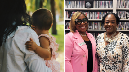On the left, a woman holds a baby. On the right, Domonique Cooper and Angela Owens stand in front of a bookcase.