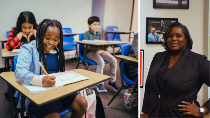 On the left, students sit in a classroom. On the right, Erika Mitchell poses for a picture