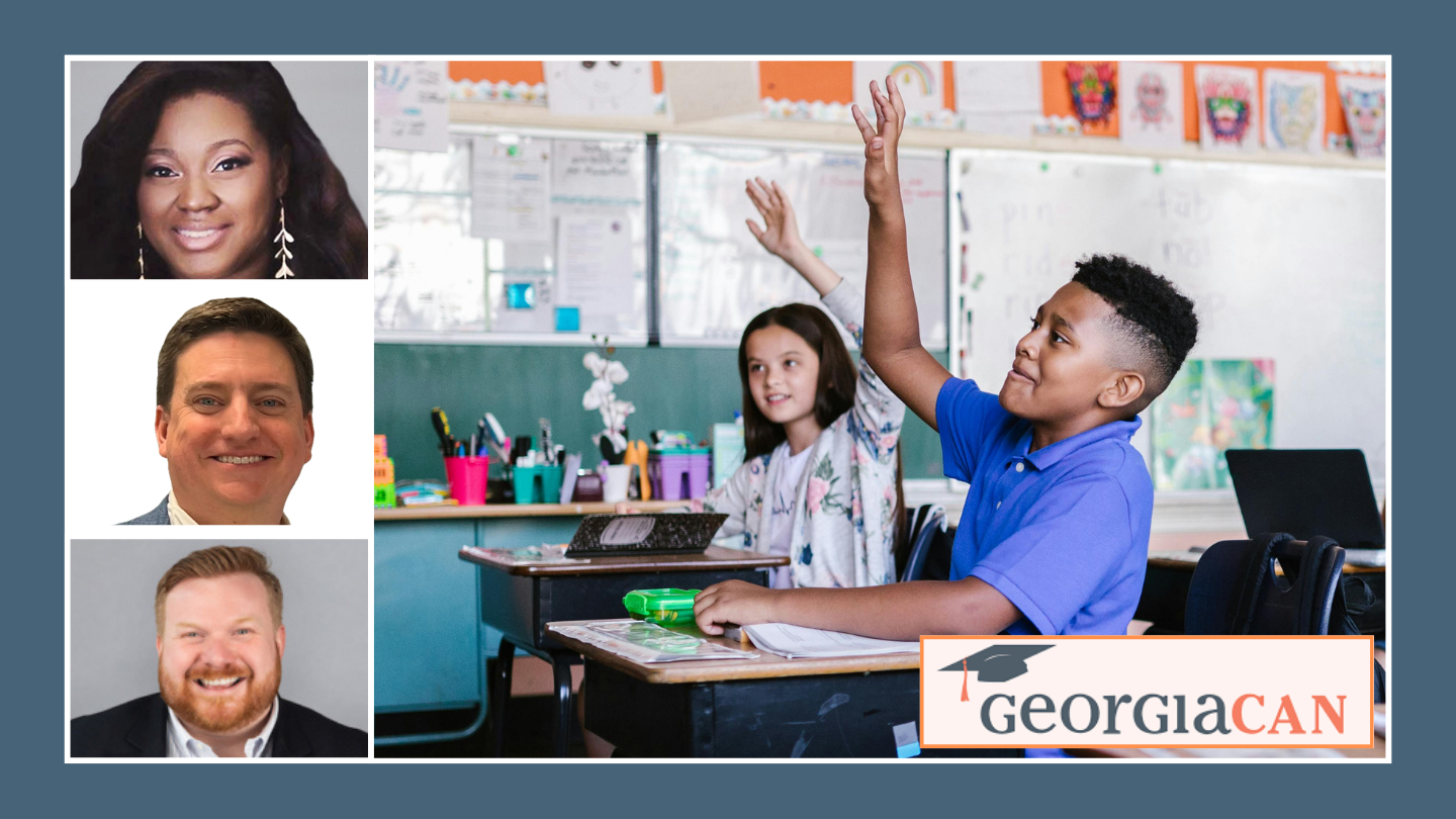Three portraits of representatives from GeorgiaCAN on the left, and students raising their hands in a classroom on the right