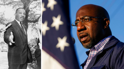 On the left, a black and white photo of Martin Luther King Jr., and on the right, Raphael Warnock stands in front of an American flag.