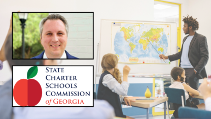 A portrait of Donovan Head on the top left, the logo for the State Charter Schools Commission of Georgia on the bottom left, and a classroom on the right