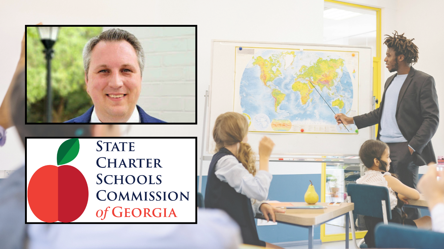 A portrait of Donovan Head on the top left, the logo for the State Charter Schools Commission of Georgia on the bottom left, and a classroom on the right