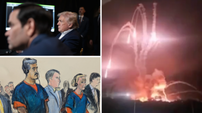 On the top left, Marco Rubio and Donald Trump look off to the left, on the bottom left, a trial sketch of Nicolas Maduro and his wife Cilia Flores, and on the right, airstrikes