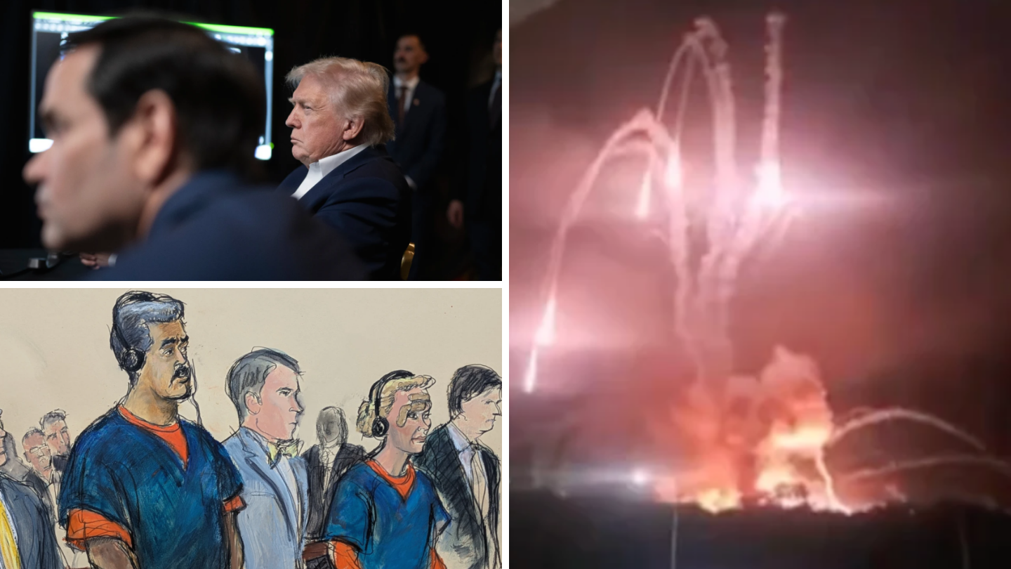 On the top left, Marco Rubio and Donald Trump look off to the left, on the bottom left, a trial sketch of Nicolas Maduro and his wife Cilia Flores, and on the right, airstrikes