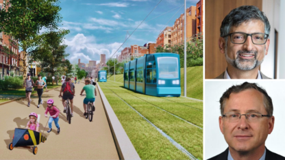 On the left, a concept image of Beltline rail. On the left, portraits of Matthew Rao and Hans Klein