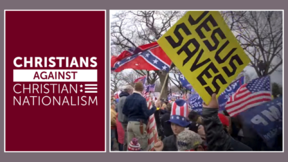 A protest where protesters are raising the Confederate flag and a yellow poster saying Jesus Saves