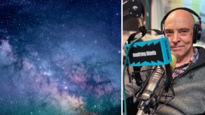 A blue image of stars in space on the left, and Stuart Jefferies wearing headphones in the WABE studio on the right.