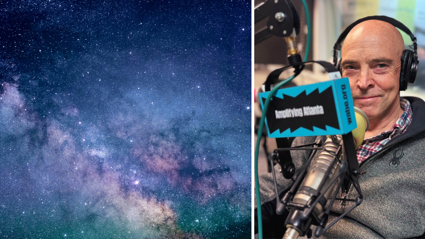 A blue image of stars in space on the left, and Stuart Jefferies wearing headphones in the WABE studio on the right.