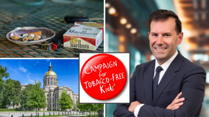 On the top left, a pack of Marlboro cigarettes and several cigarettes on a table. On the bottom left, the Georgia Gold Dome. On the right, a portrait of Brian King