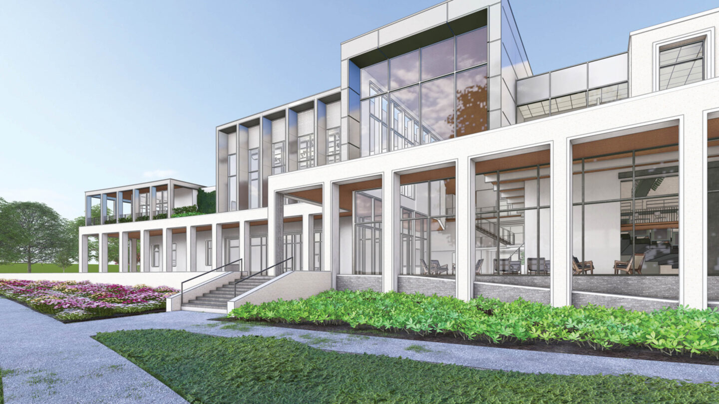 Rendering of a modern addition with large glass windows and covered walkways behind the Bobby Jones Clubhouse at the future Molly Blank Center.