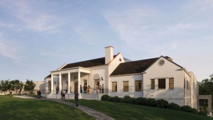 Rendering of the restored Bobby Jones Clubhouse with people gathered on the front porch and lawn at the future Molly Blank Center.
