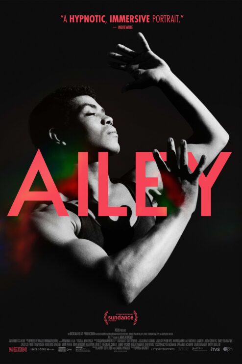 Promotional poster for the documentary AILEY, featuring a dancer in mid-movement against a dark background.