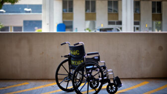 A wheelchair sits outside the Atlanta VA Medical Center in Atlanta.