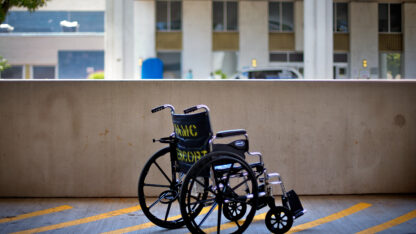 A wheelchair sits outside the Atlanta VA Medical Center in Atlanta.