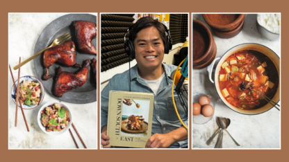 Two photos on the left and right, and chef Ron Hsu sits at the WABE studio in the middle