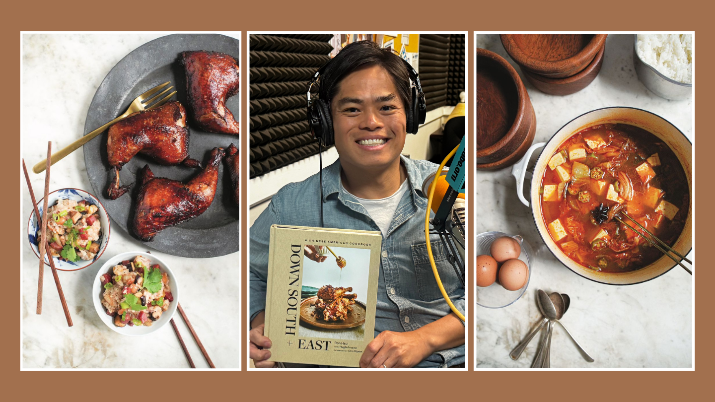 Two photos on the left and right, and chef Ron Hsu sits at the WABE studio in the middle