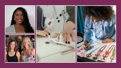 A collage of photos showing portraits and people doing crafts