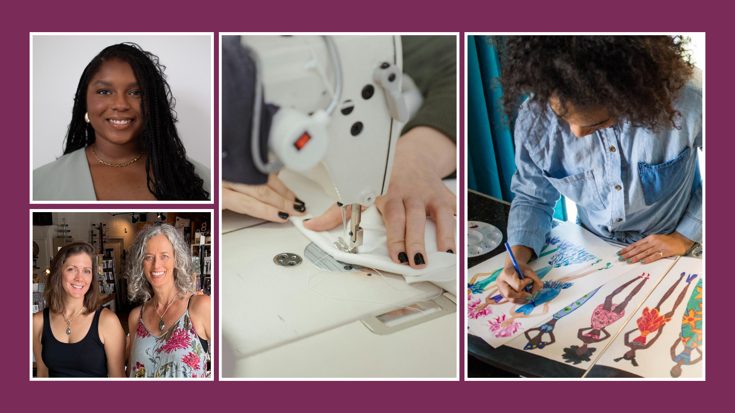 A collage of photos showing portraits and people doing crafts