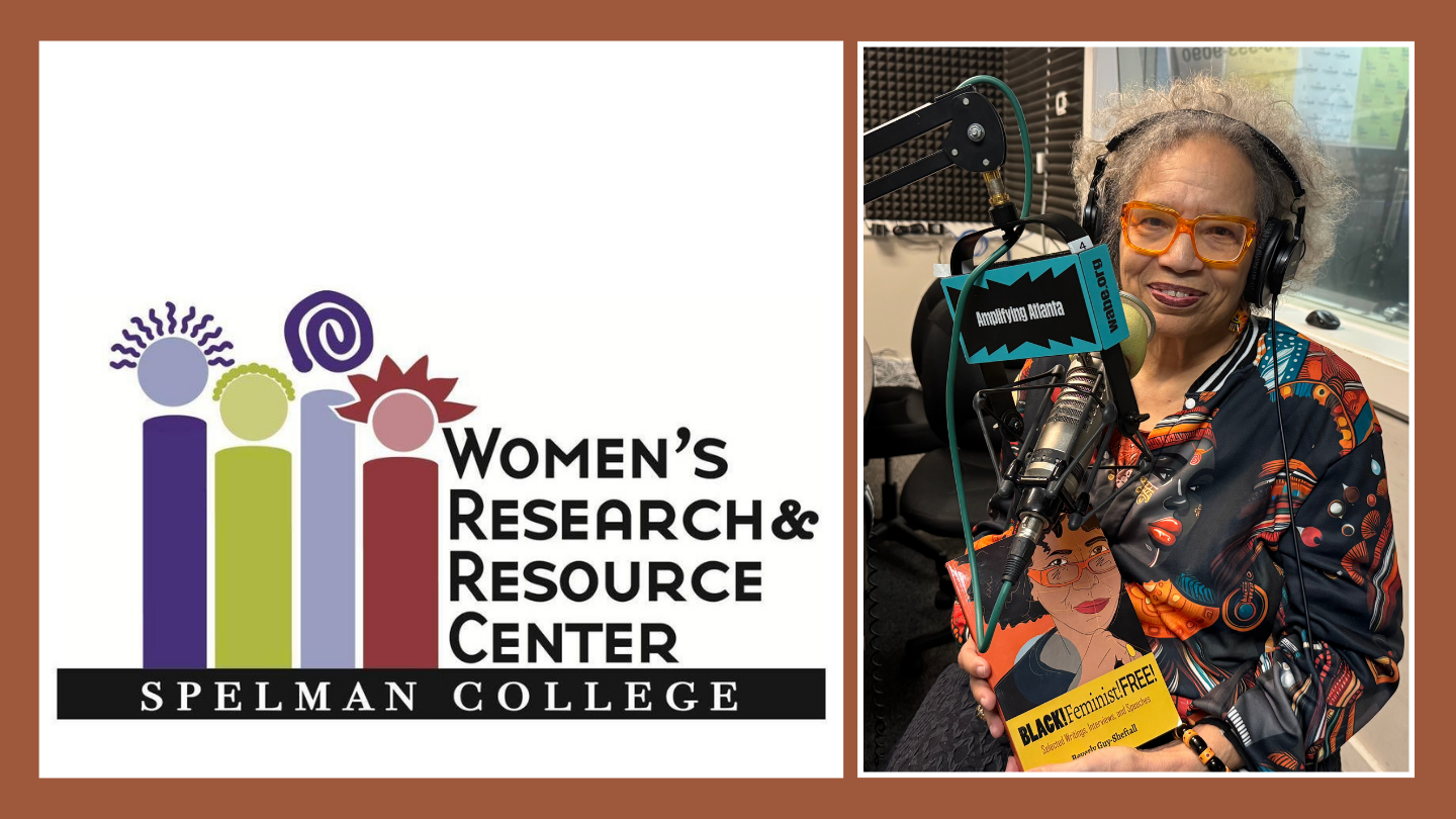 On the left, the logo for the Womens Research and Resource Center, and on the right, Beverly Guy Sheftall sits in the studio at WABE.