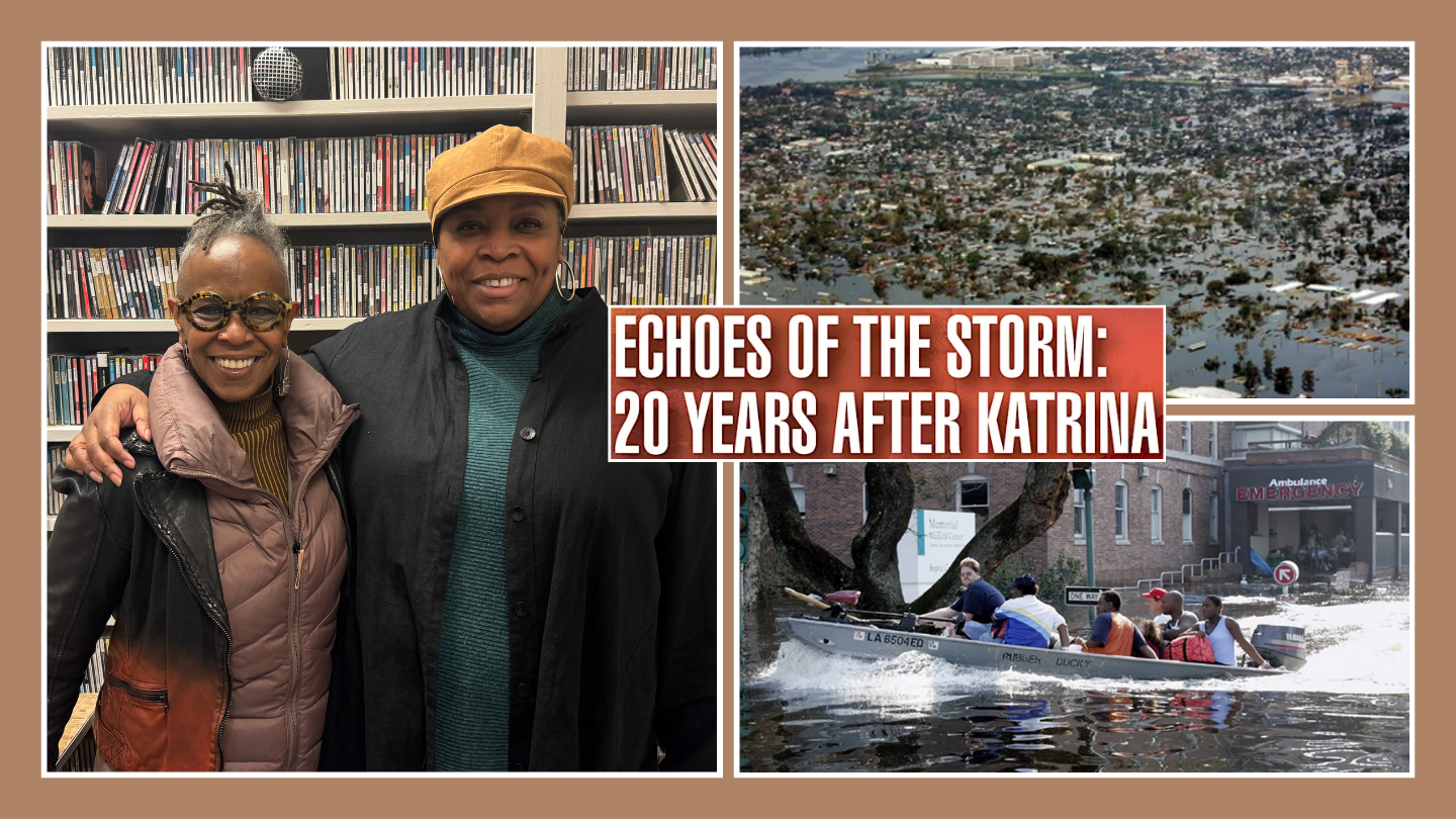 On the left, Aku Kadogo and Leatrice Ellzy stand in front of a bookcase. On the right, the aftermath of Hurricane Katrina