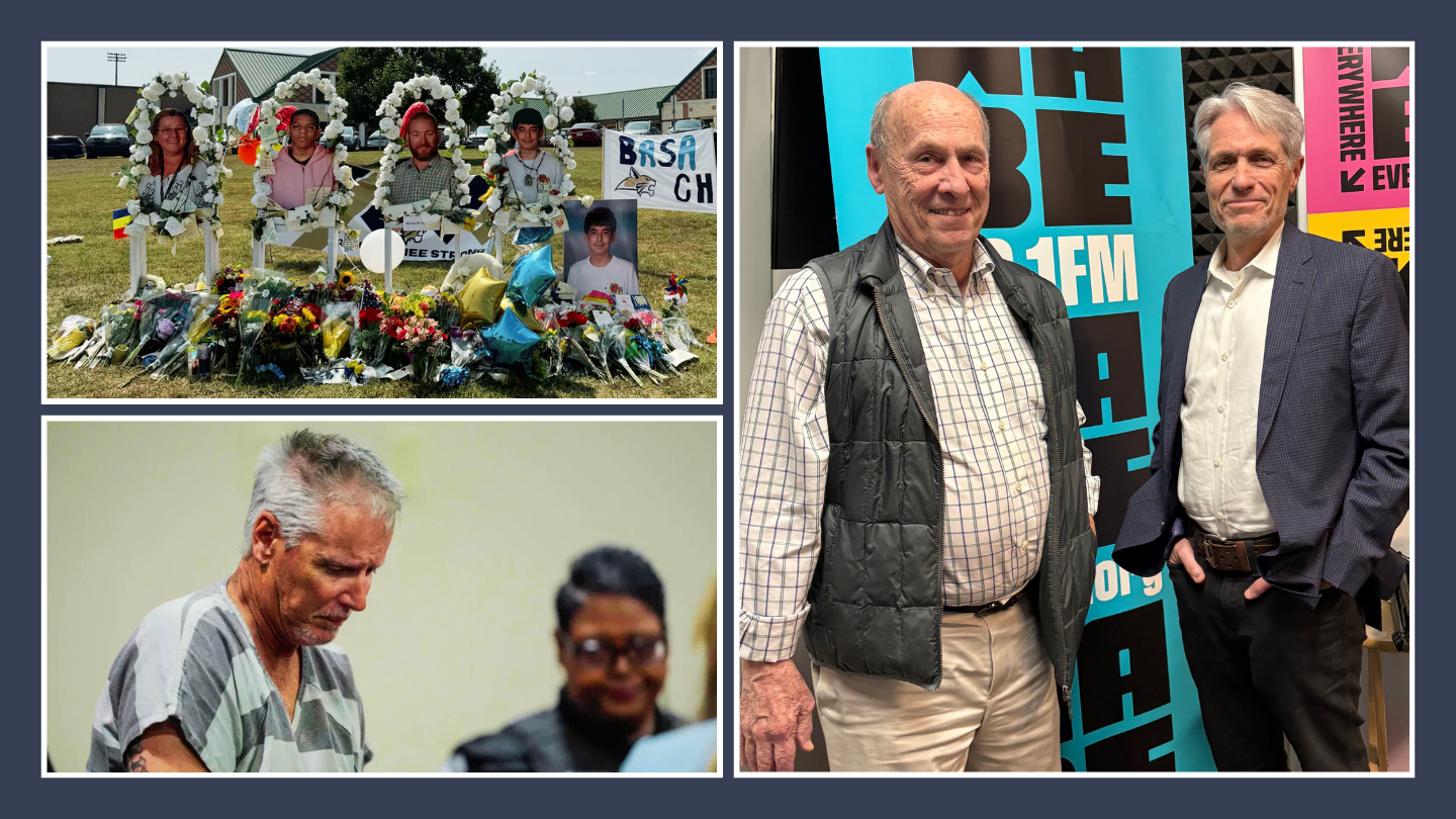A memorial on the top right, Colin Gray on the bottom left, two men stand in the WABE studio on the right.