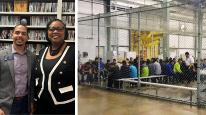 Two lawmakers stand in front of a bookcase on the left. A detention center on the right.