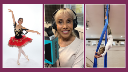 On the left, an image of a ballerina wearing a black top and a red skirt, in the middle, Keiko Guest sitting in front of a WABE microphone, and on the right, Keiko Guest upside down on aerial silks.