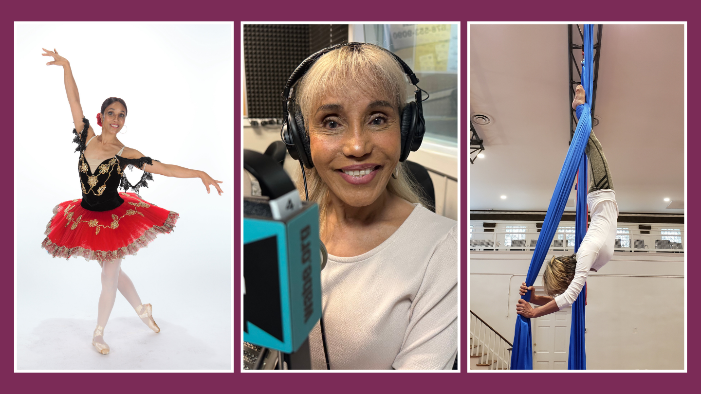 On the left, an image of a ballerina wearing a black top and a red skirt, in the middle, Keiko Guest sitting in front of a WABE microphone, and on the right, Keiko Guest upside down on aerial silks.